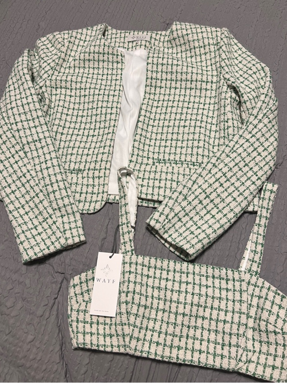 Wayf Green & White Tweed Cropped Jacket with Matching Bustier